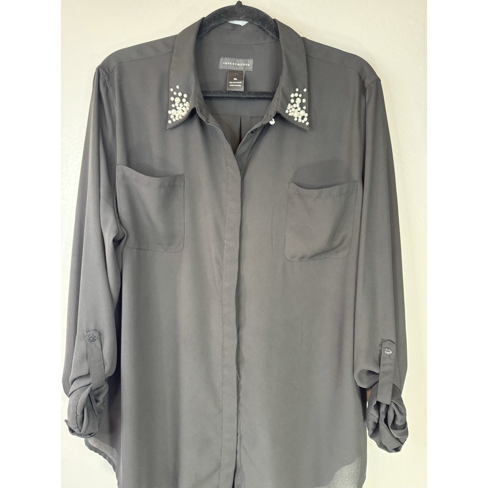Investments Black Coquette Blouse With Pearl Trimmed Collar Size XL